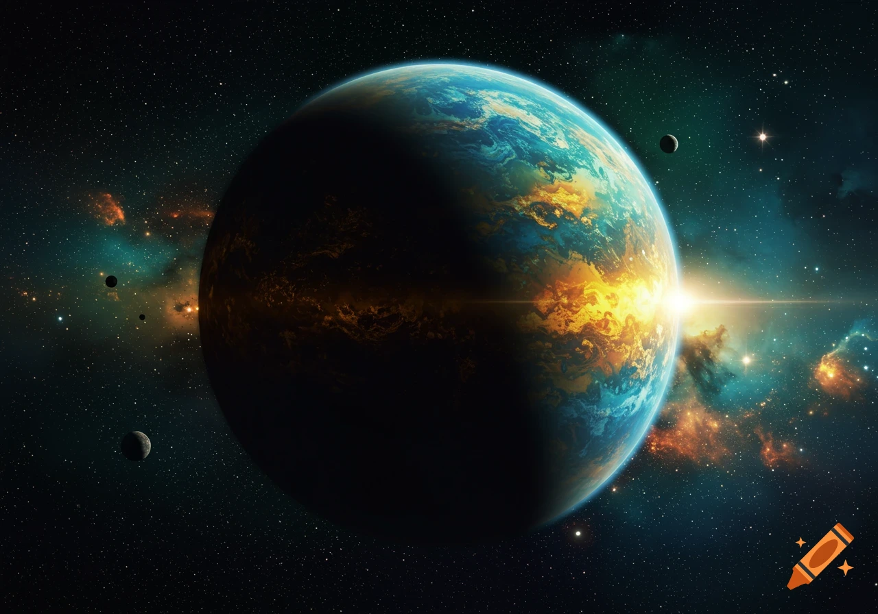 A vibrant blue and orange planet with a bright light on its horizon, surrounded by stars and colorful nebulae in deep space.