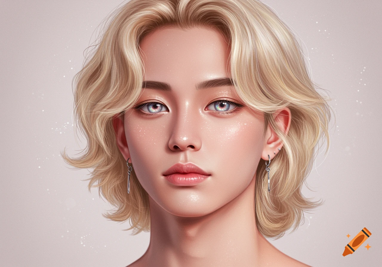 Stylized portrait of a person with wavy blonde hair and pale blue eyes, with a sparkly complexion.