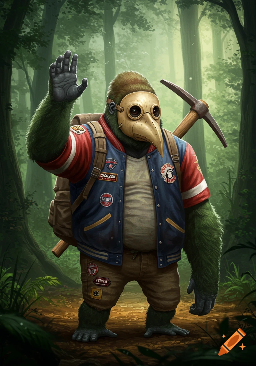 A green furry gorilla wearing a plague mask, a varsity jacket, and a backpack, waves while standing in a forest. A pickaxe is strapped to its back.