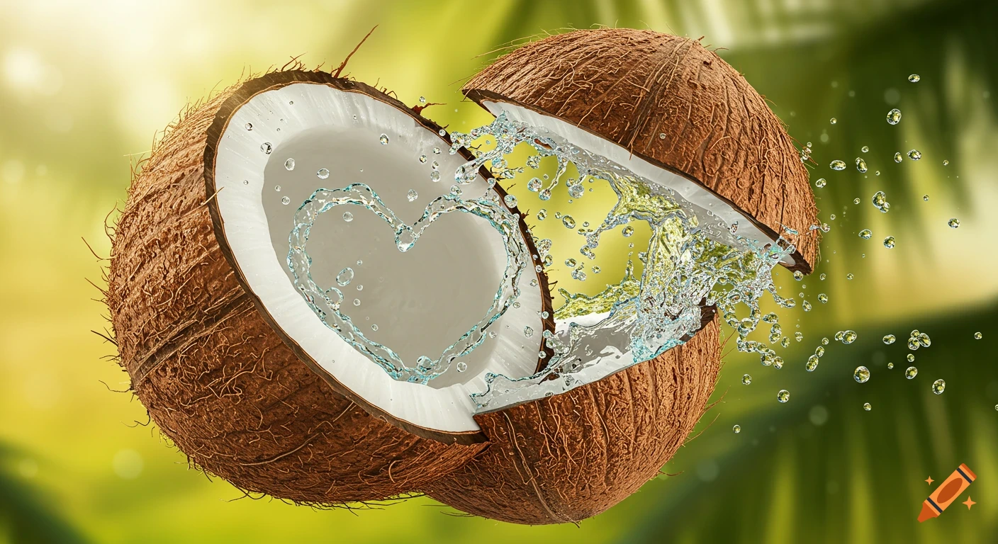 Photorealistic cracked coconut with water splashing out in a heart shape against a blurred tropical background.