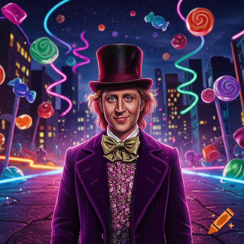 A man resembling Willy Wonka in a purple coat and top hat smiles amid a vibrant, neon-lit city street with floating colorful candies.