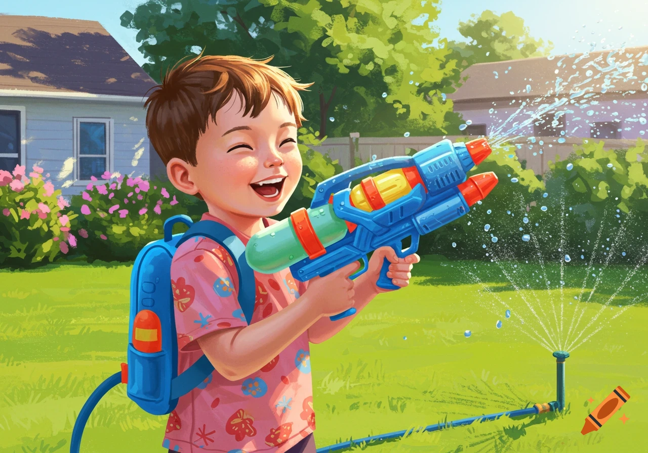 A happy child in a pink shirt with a backpack water gun sprays water in a sunny backyard.