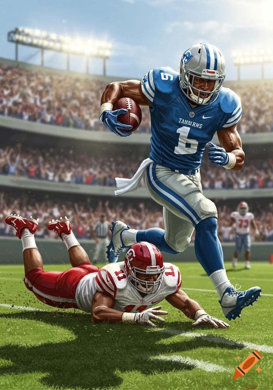 An illustration of a football player in blue running with the ball, while another player in red falls to the ground on a green field in a stadium.