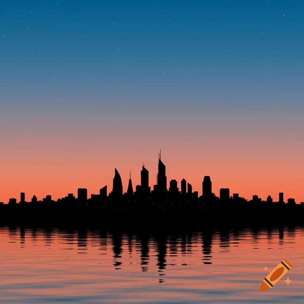 Black silhouette of a city skyline against a gradient orange and blue sky, reflected in water.