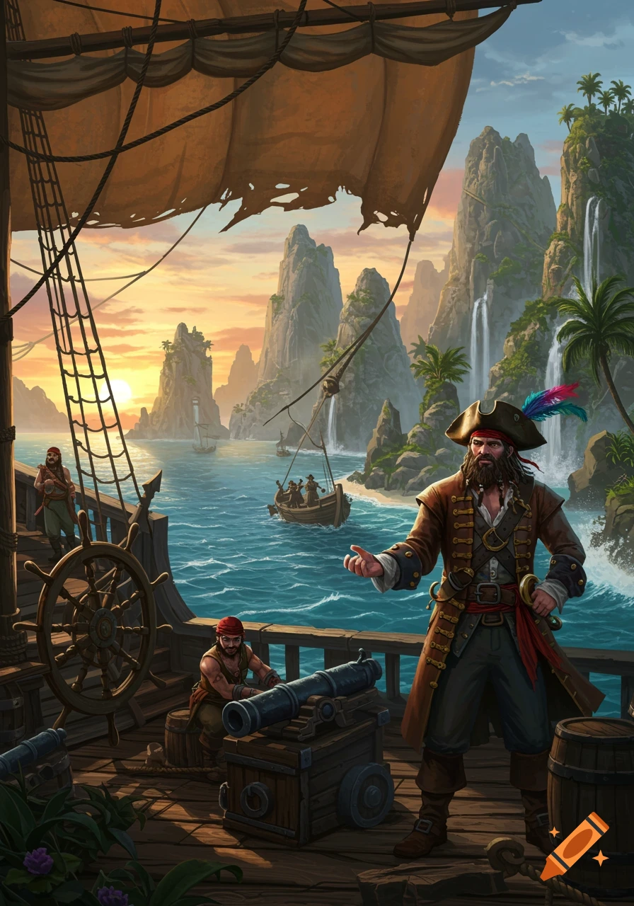 A fantasy landscape features a pirate ship with a bearded pirate on deck, surrounded by rocky islands with waterfalls under a sunset sky.