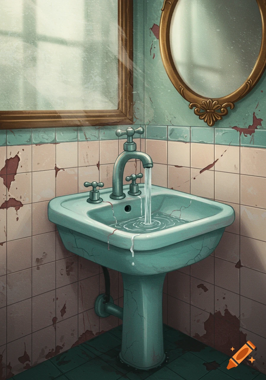 An old, cracked green bathroom sink with water running in a dilapidated, stained room with two mirrors.