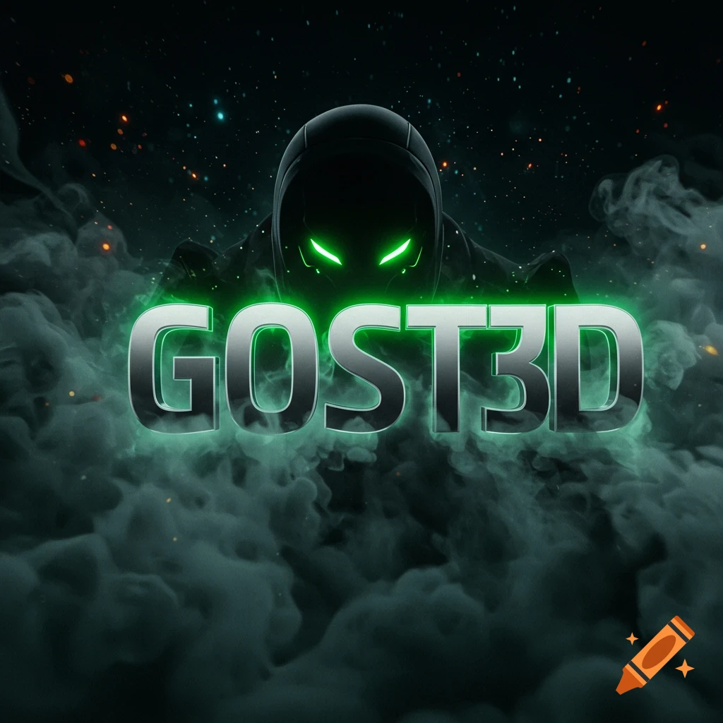 A dark hooded figure with glowing green eyes emerges from green smoke behind metallic text 'G0ST3D' with a green glow.