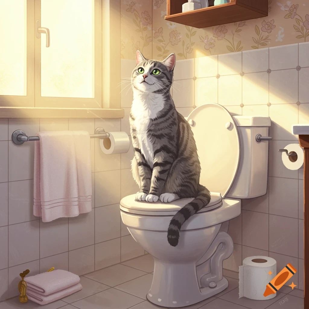 A gray and white tabby cat sits on a toilet in a sunlit bathroom.