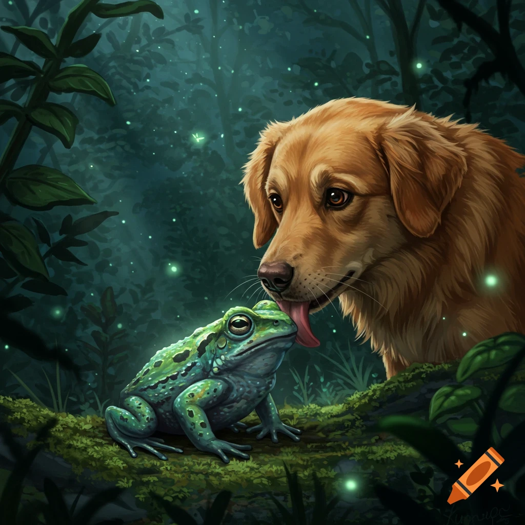 Digital art illustration of a golden retriever dog licking a green frog in an enchanting, dark forest with glowing fireflies.