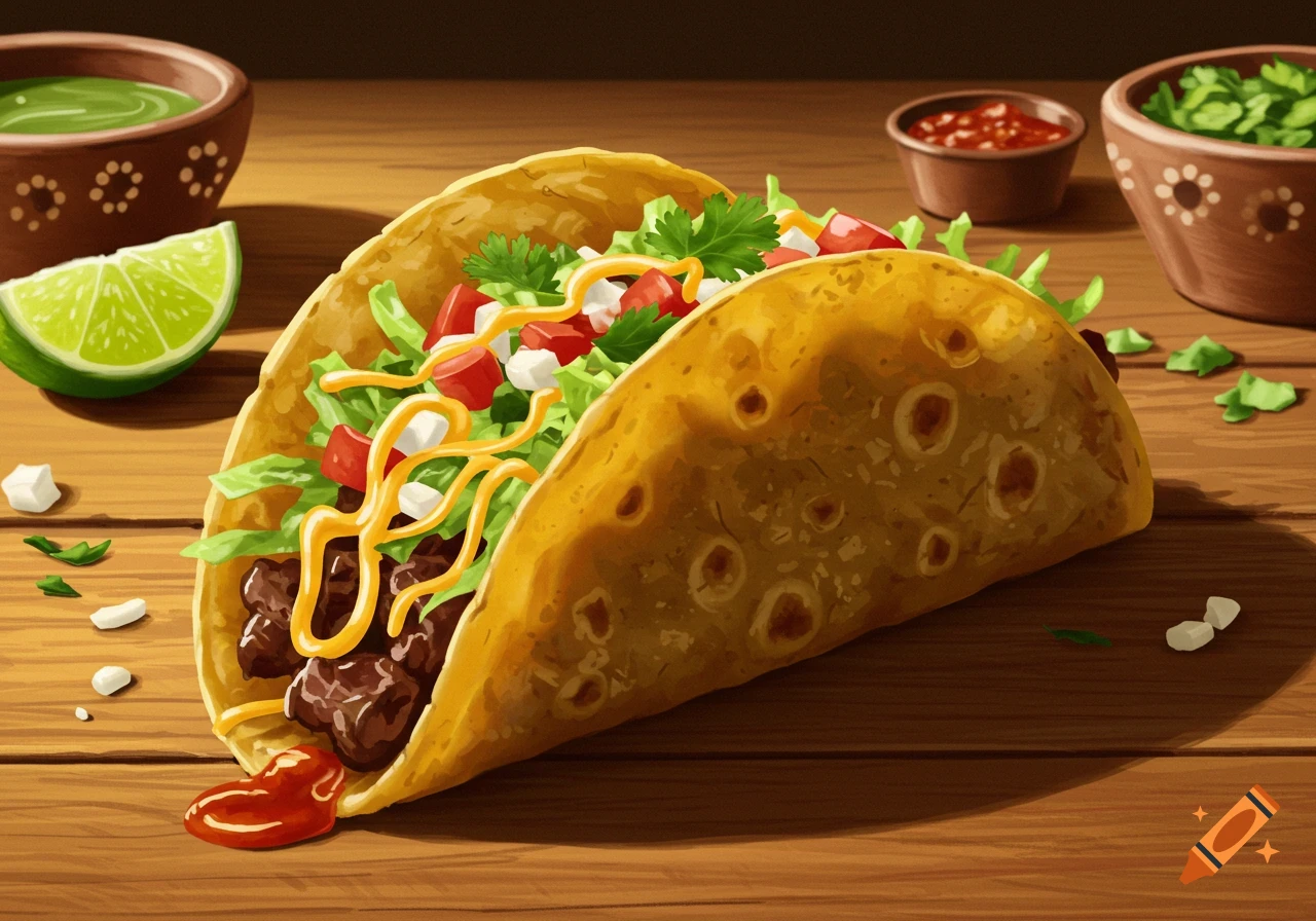 A vibrant illustration of a taco on a wooden table, filled with meat, lettuce, cheese, and tomatoes, with sauce. Lime and salsa bowls are nearby.