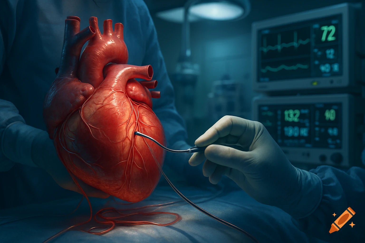 A gloved hand performs a cardiac catheterization on a realistic human heart model, with medical monitors in the background.