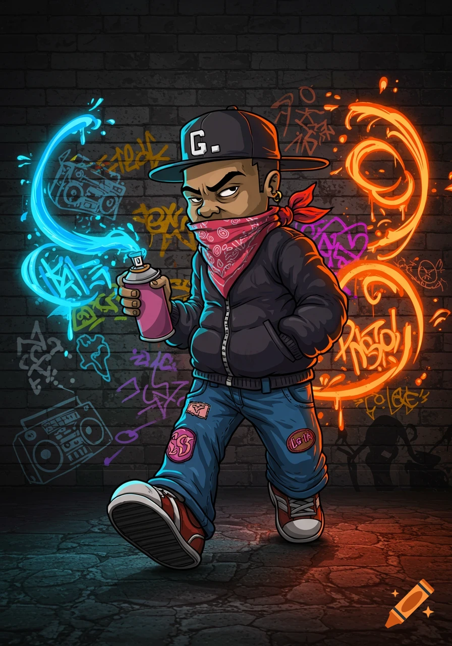 A cartoon character in a cap and bandana holds a spray can, standing before a brick wall with neon blue and orange graffiti.