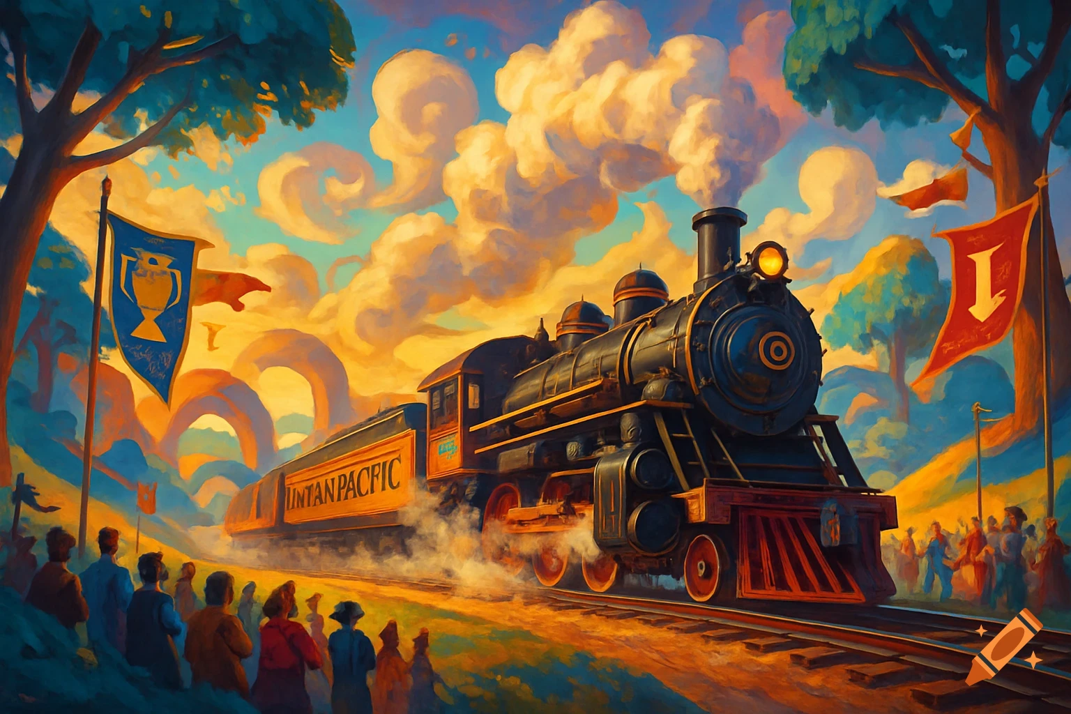 A colorful, painterly depiction of a steam train with a crowd watching, under a vibrant sky with large clouds.