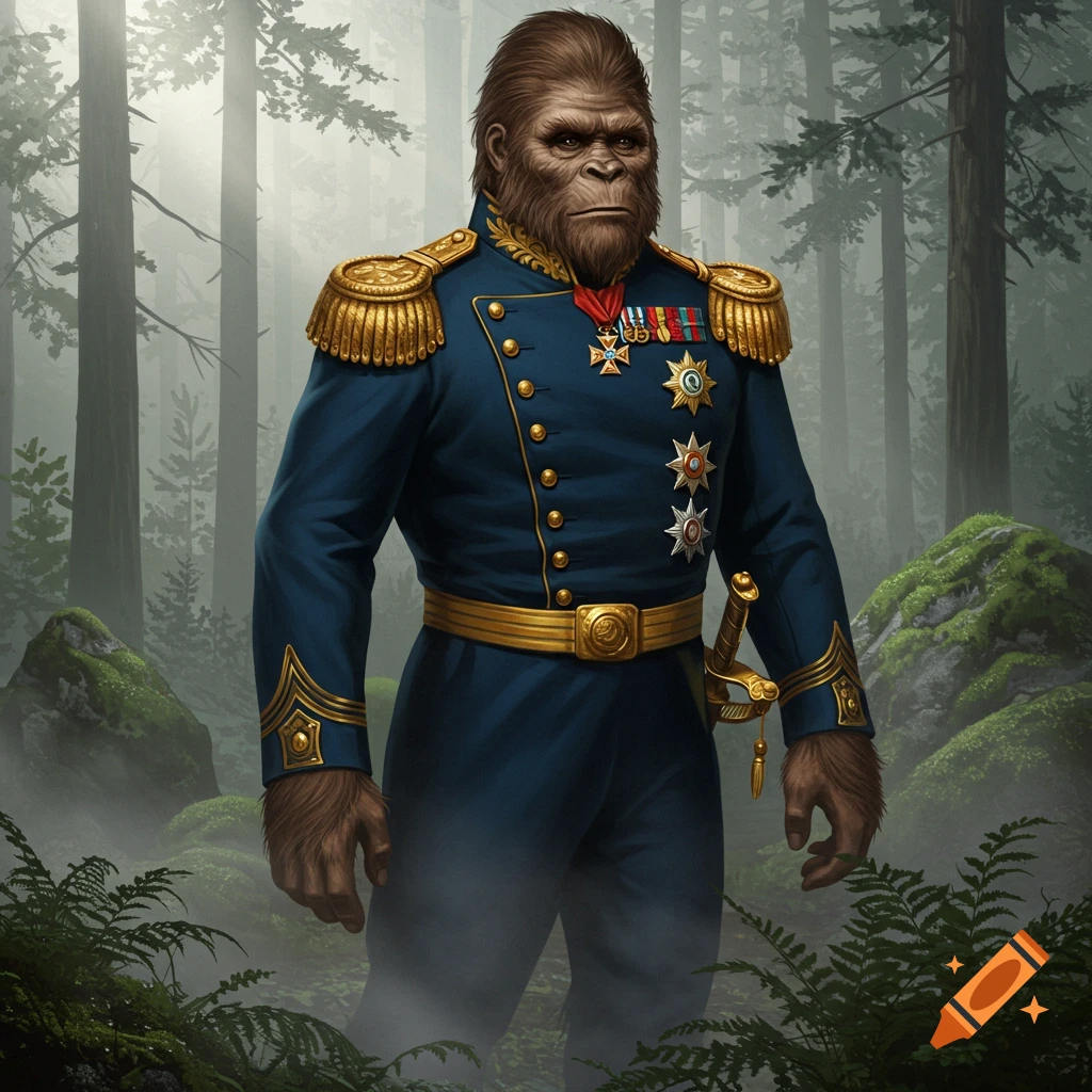 A serious-looking Bigfoot in a detailed blue and gold military general uniform stands in a foggy forest.