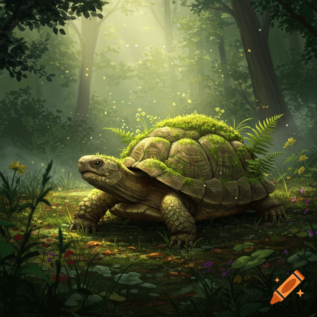 A large turtle with a moss and fern-covered shell walks on a lush forest floor dappled with sunlight.