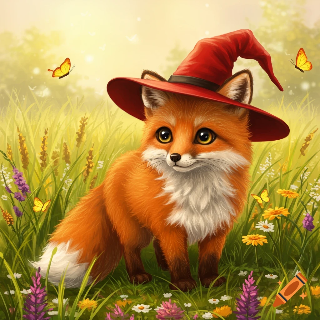A cute orange fox wearing a red witch hat stands in a vibrant field with colorful wildflowers and butterflies.