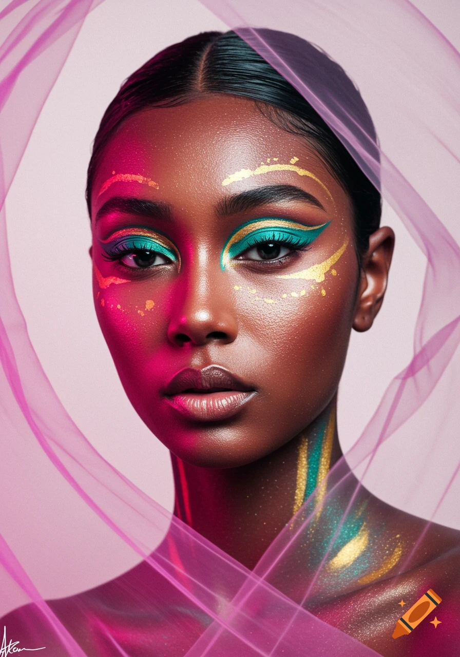 Close-up portrait of a woman with dark skin and elaborate, vibrant teal, gold, and pink artistic makeup, framed by sheer pink fabric.