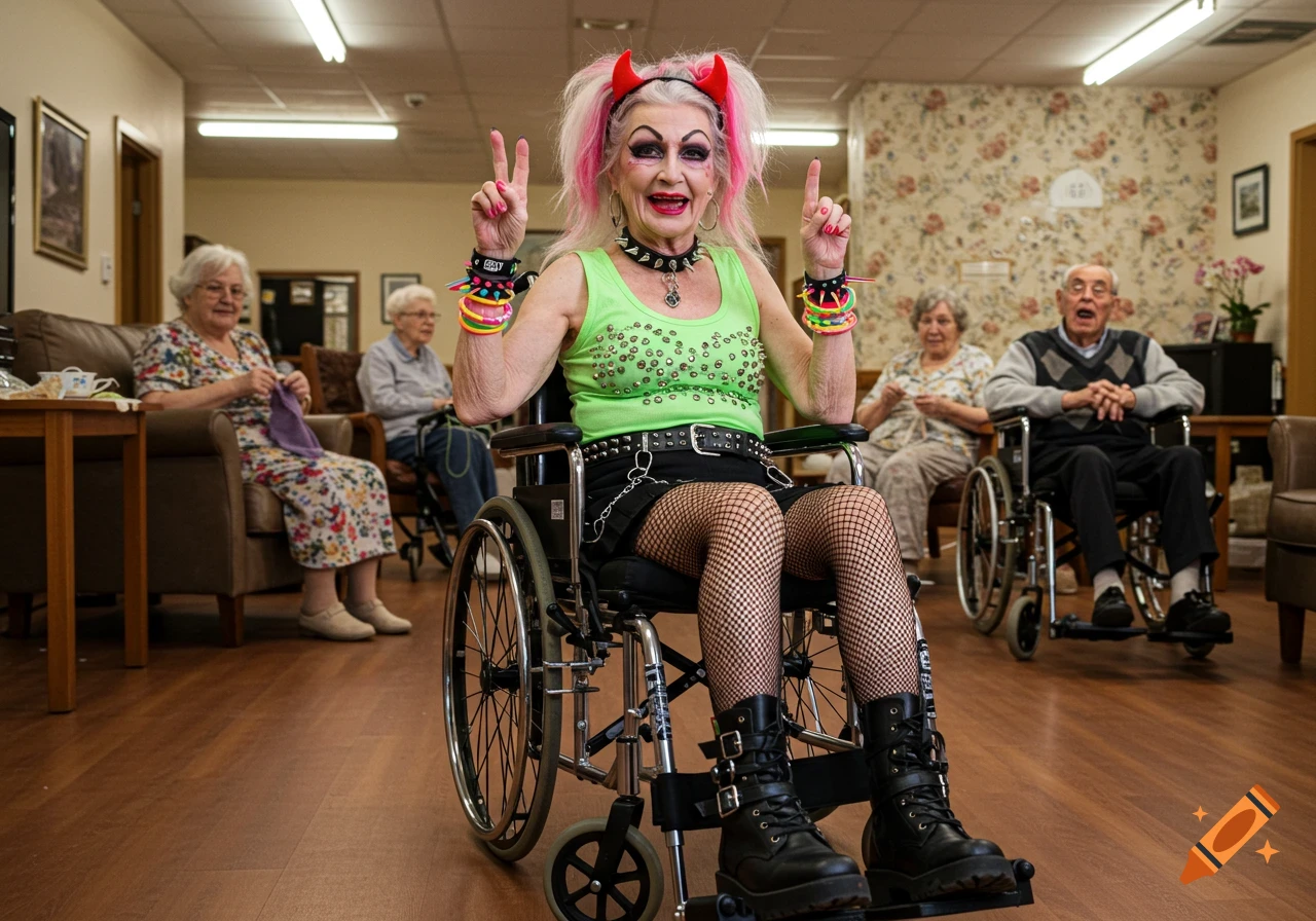 An elderly woman in punk attire, complete with pink hair, devil horns, and combat boots, smiles mischievously while making peace signs from her wheelchair in a nursing home common room.
