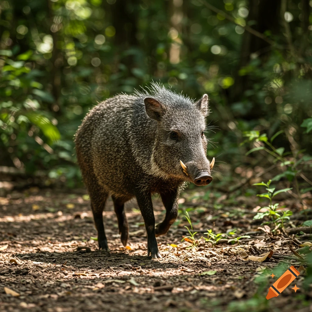 A peccary with tusks walks on a forest path, dappled sunlight on the ground, trees in the background.