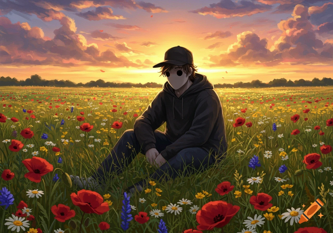 An anime-style character resembling Corpse Husband, wearing a black cap and hoodie, sits in a vibrant field of red poppies and other wildflowers under a dramatic sunset sky.