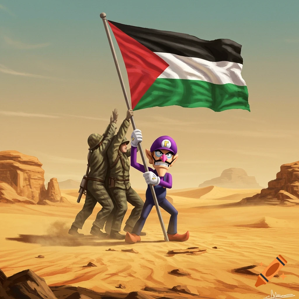 Waluigi and two soldiers raise the Palestinian flag on a pole in a desert landscape, inspired by the Iwo Jima photograph.