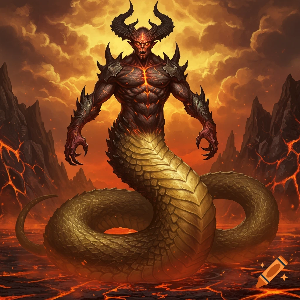 A horned, red-skinned demon with a muscular torso and a serpentine tail stands in a fiery hellscape.
