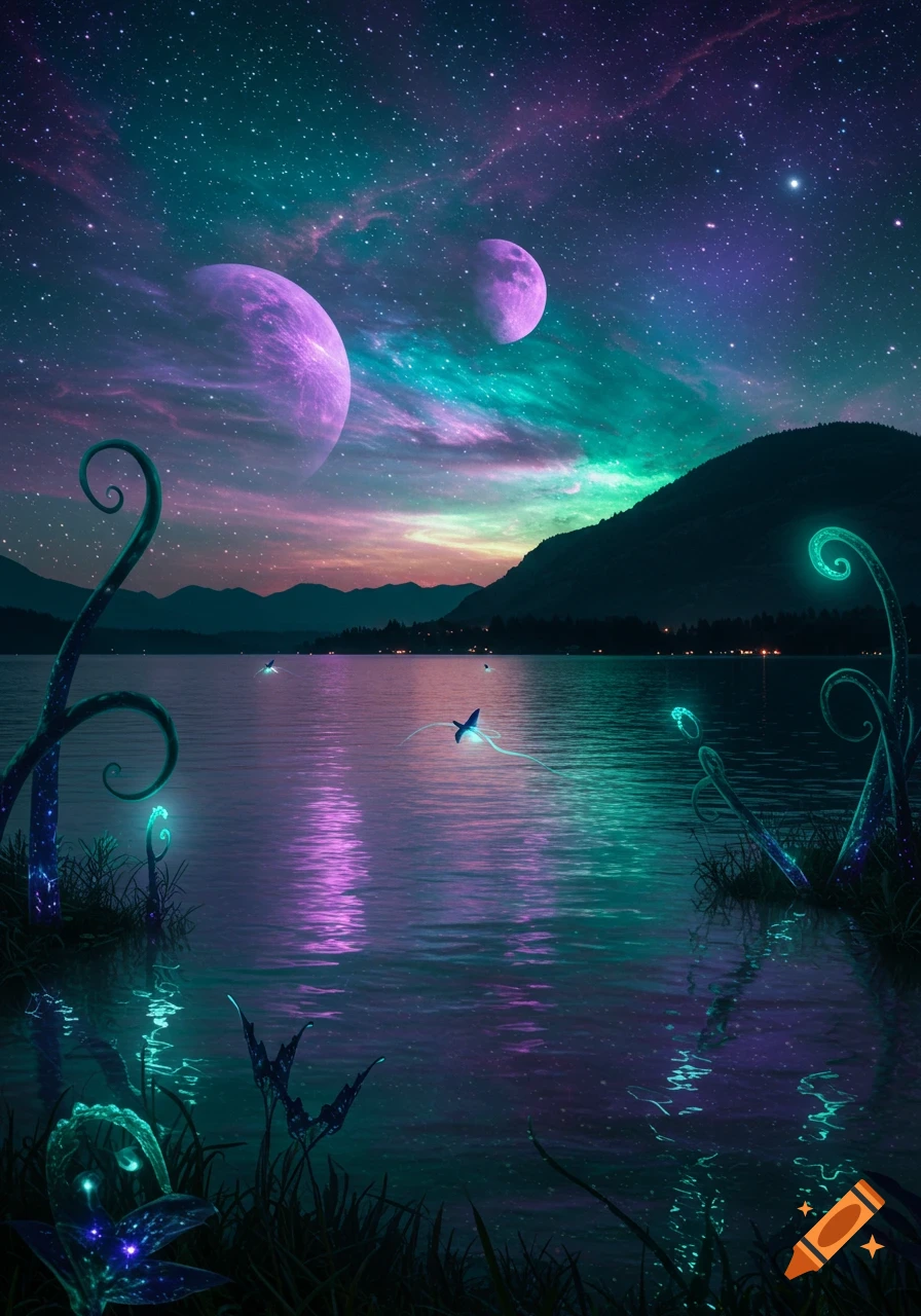 A fantastical alien landscape with purple and teal planets reflecting on a calm lake under a starry, colorful sky, with glowing plants in the foreground.