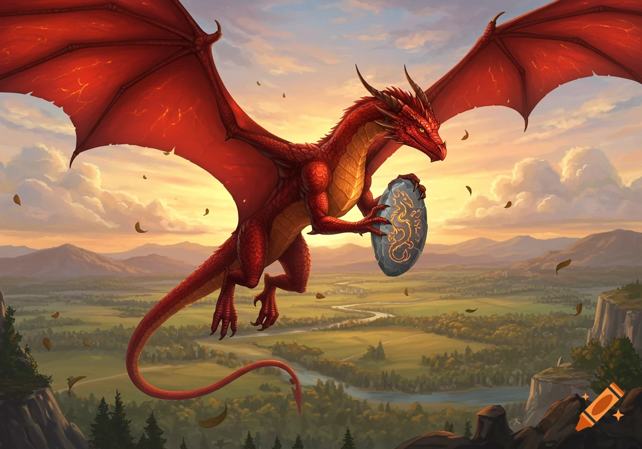 A vibrant red dragon with large wings flies over a green valley, holding an oval stone with a golden dragon symbol.