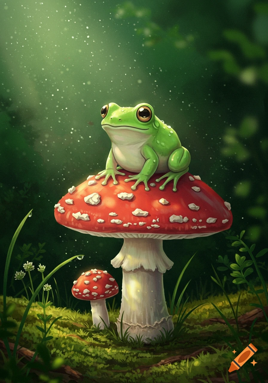 A cute green frog with large eyes sits atop a vibrant red toadstool in a mystical forest setting with sparkling light.