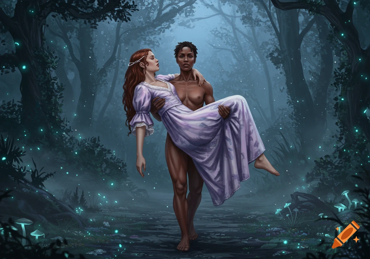 A man carries a woman through a dark, misty fantasy forest with glowing plants, digital painting.