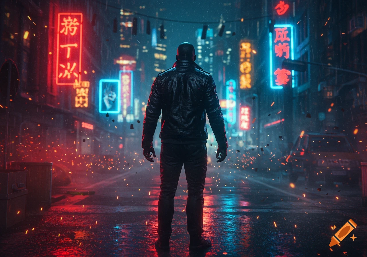 A lone man in a black leather jacket stands on a wet, neon-lit cyberpunk city street with reflections and sparks.