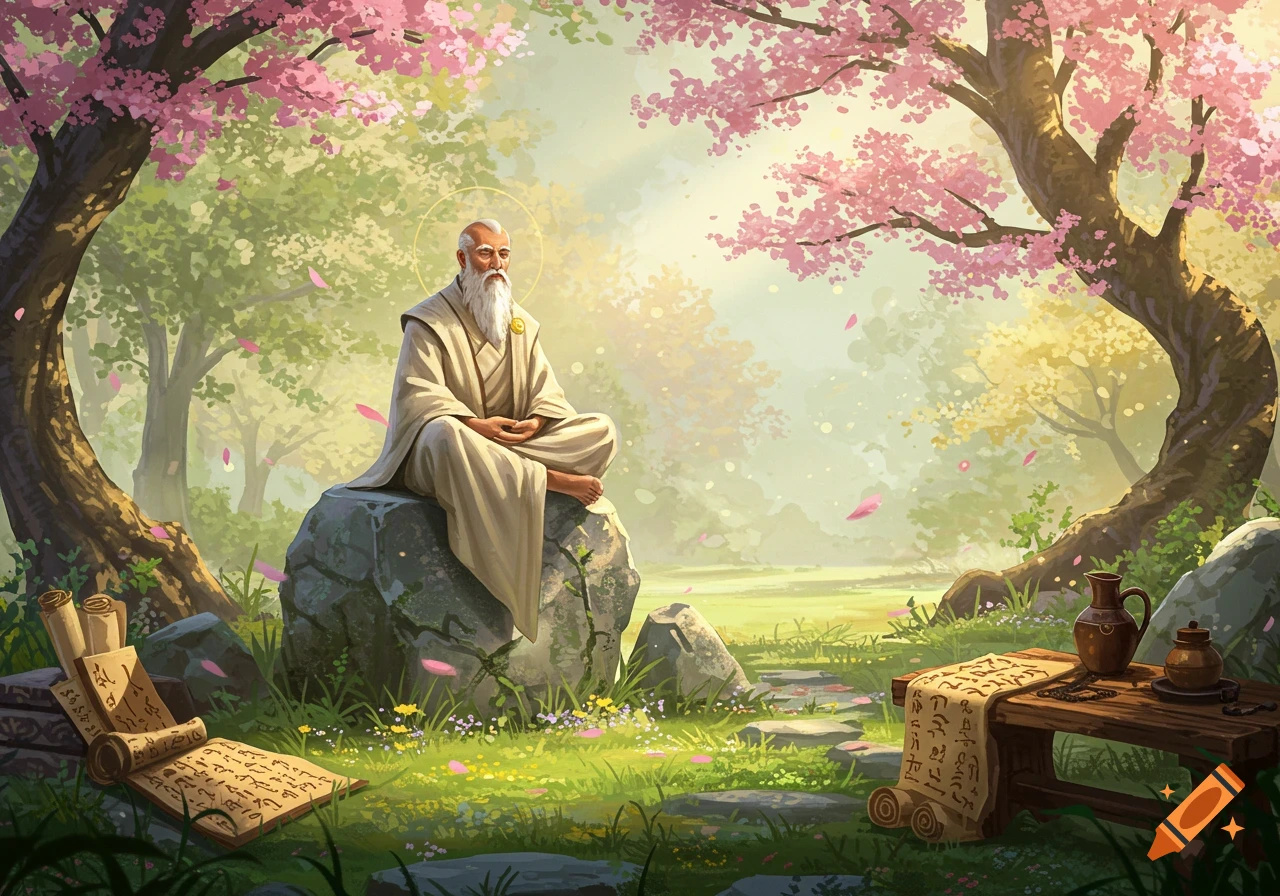 An old sage with a long white beard meditates on a rock in a peaceful, lush garden with pink cherry blossoms and ancient scrolls.