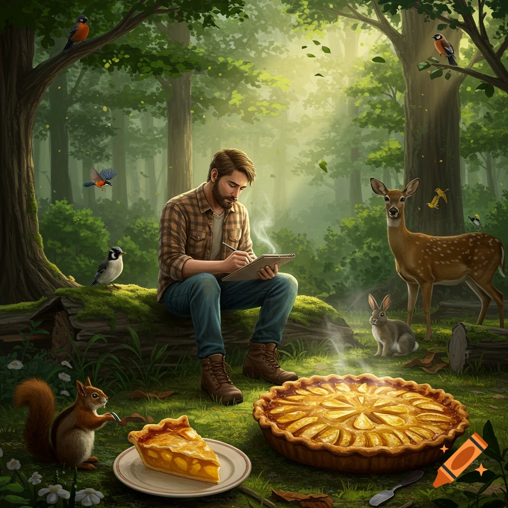 A man draws in a lush green forest, surrounded by a deer, rabbit, squirrel, and birds, with a large apple pie and a slice on a plate in the foreground.