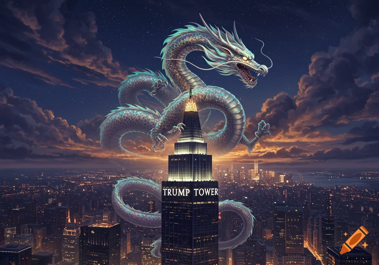 A large, silver-blue dragon hovers over a dark cityscape at dusk, its body coiled around a skyscraper labeled "TRUMP TOWER."