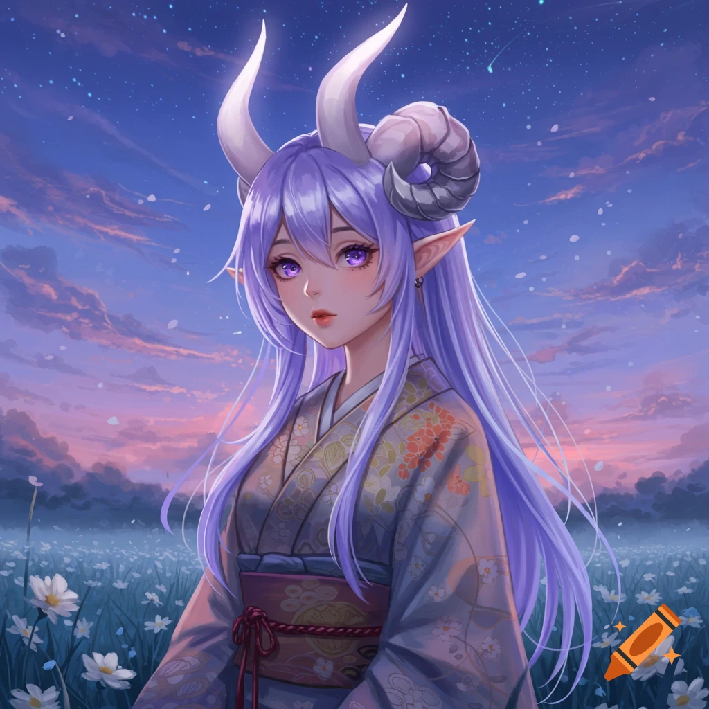 An anime girl with long purple hair, horns, and elf ears wears a kimono in a field of flowers under a twilight sky.