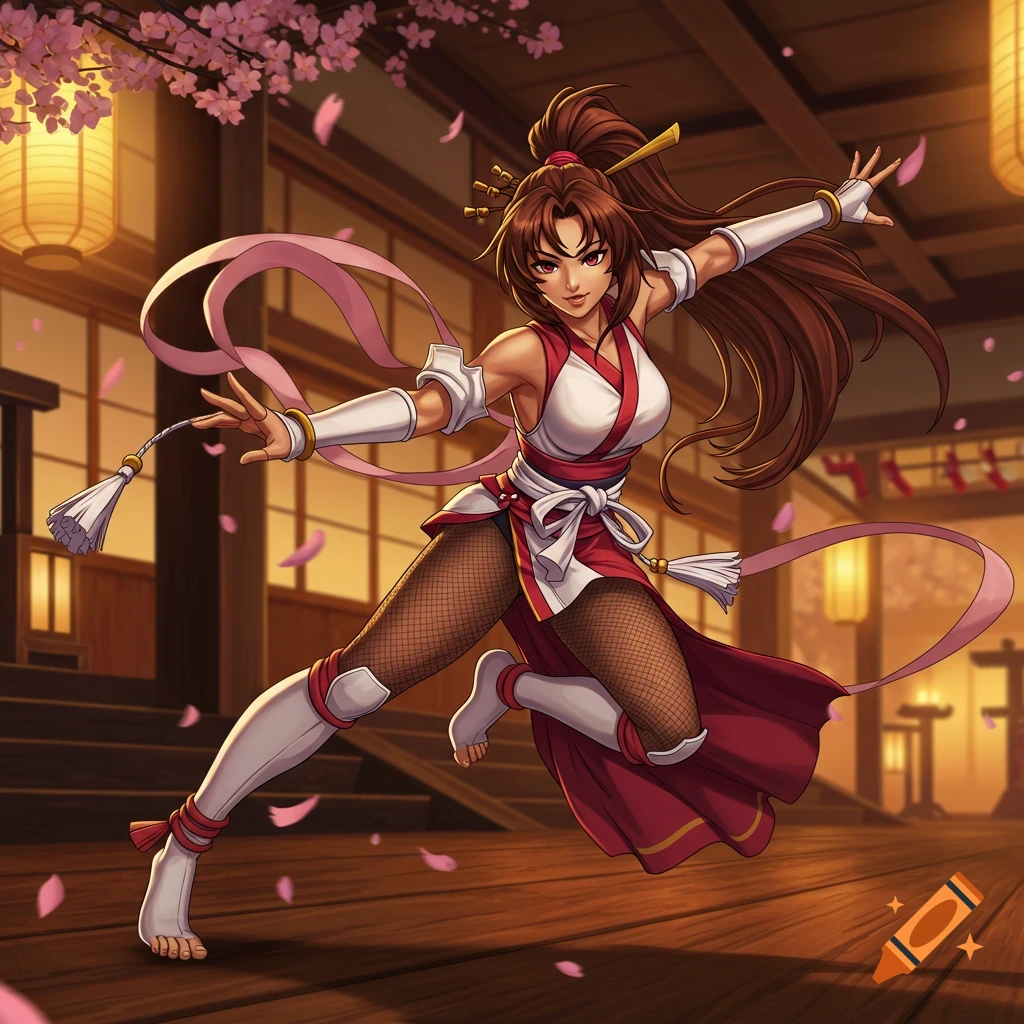 Anime-style woman with brown hair in a red and white ninja-like outfit, striking a pose in a traditional Japanese room with cherry blossoms.