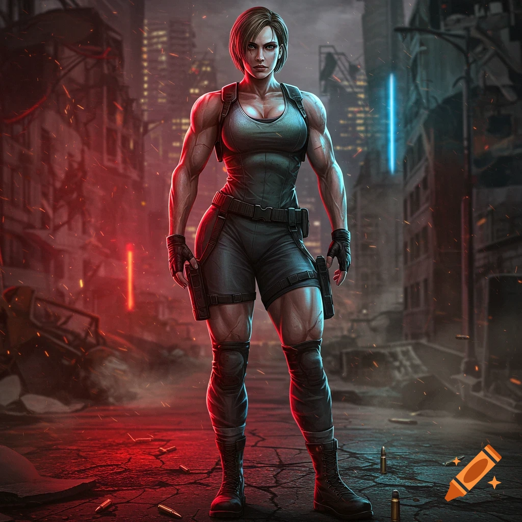 A muscular woman in tactical gear, resembling Jill Valentine, stands confidently in a ruined, futuristic city bathed in red and blue neon light.