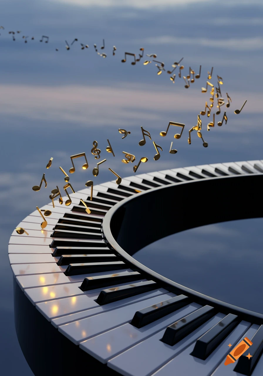 A curved piano keyboard with golden musical notes floating above it, set against a backdrop of a cloudy sky.