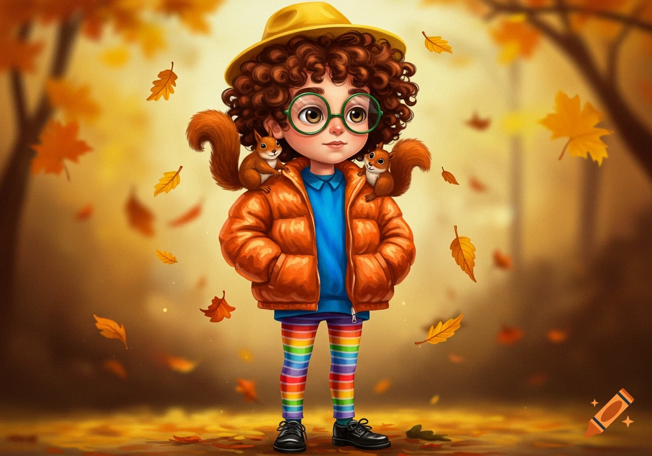 A cartoon boy with curly hair, green glasses, yellow hat, orange puffer jacket, and rainbow leggings stands in an autumn forest with squirrels on his shoulders.