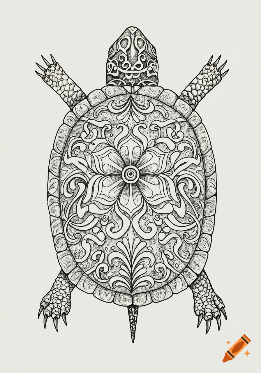 Top view line drawing of a box turtle with an intricate floral design on its shell.