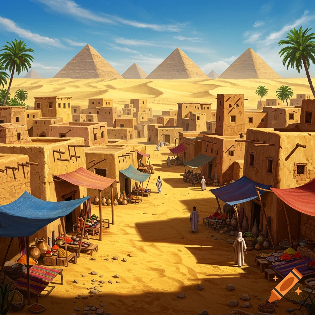 A vibrant cartoon-style illustration of an ancient desert village marketplace with people, adobe buildings, palm trees, and large pyramids under a bright blue sky in the background.