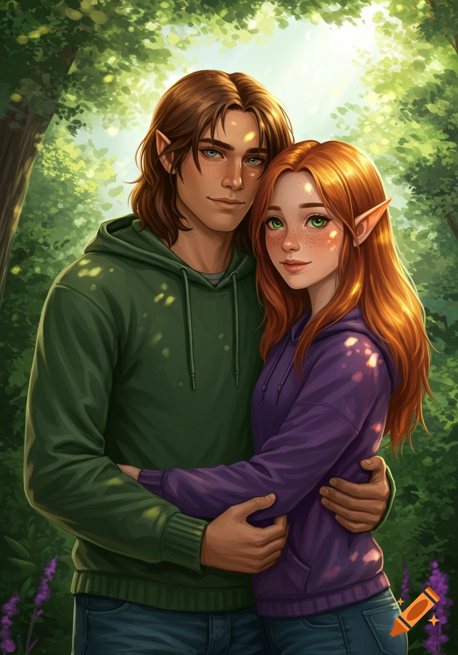An illustration of a male and female elf with pointed ears and long hair, embracing in a sunlit forest. The male wears a green hoodie, the female a purple hoodie.