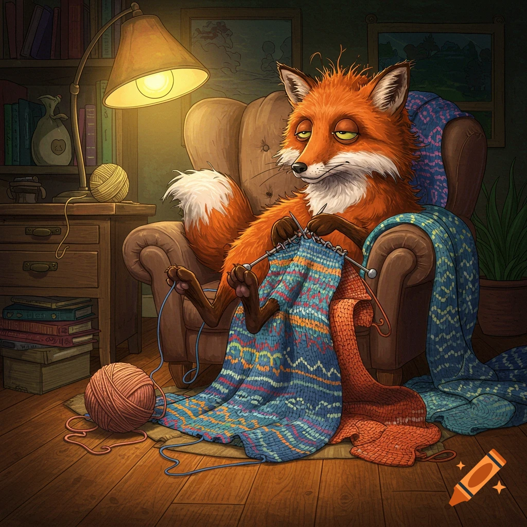 A sleepy, anthropomorphic orange fox sits in an armchair, knitting a colorful blanket under a warm lamp light.