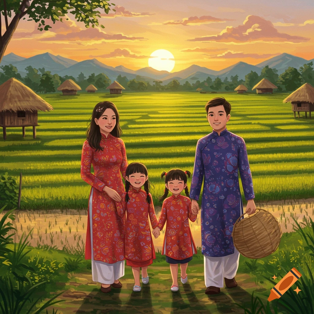 Illustrated family of four, Vietnamese parents and two girls, walking through vibrant green rice fields at sunset.