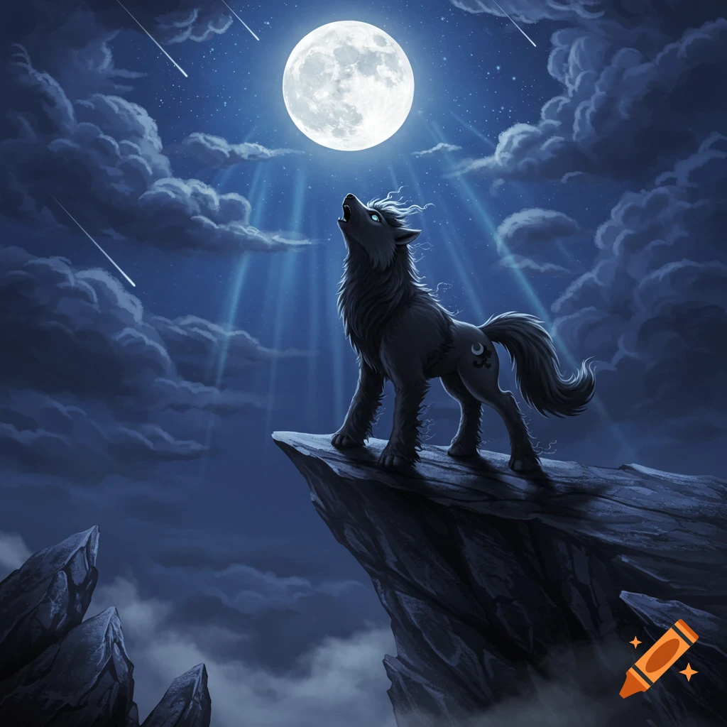 A stylized dark gray wolf-like creature howls at a bright full moon from a rocky cliff, with shooting stars in the dark blue night sky.