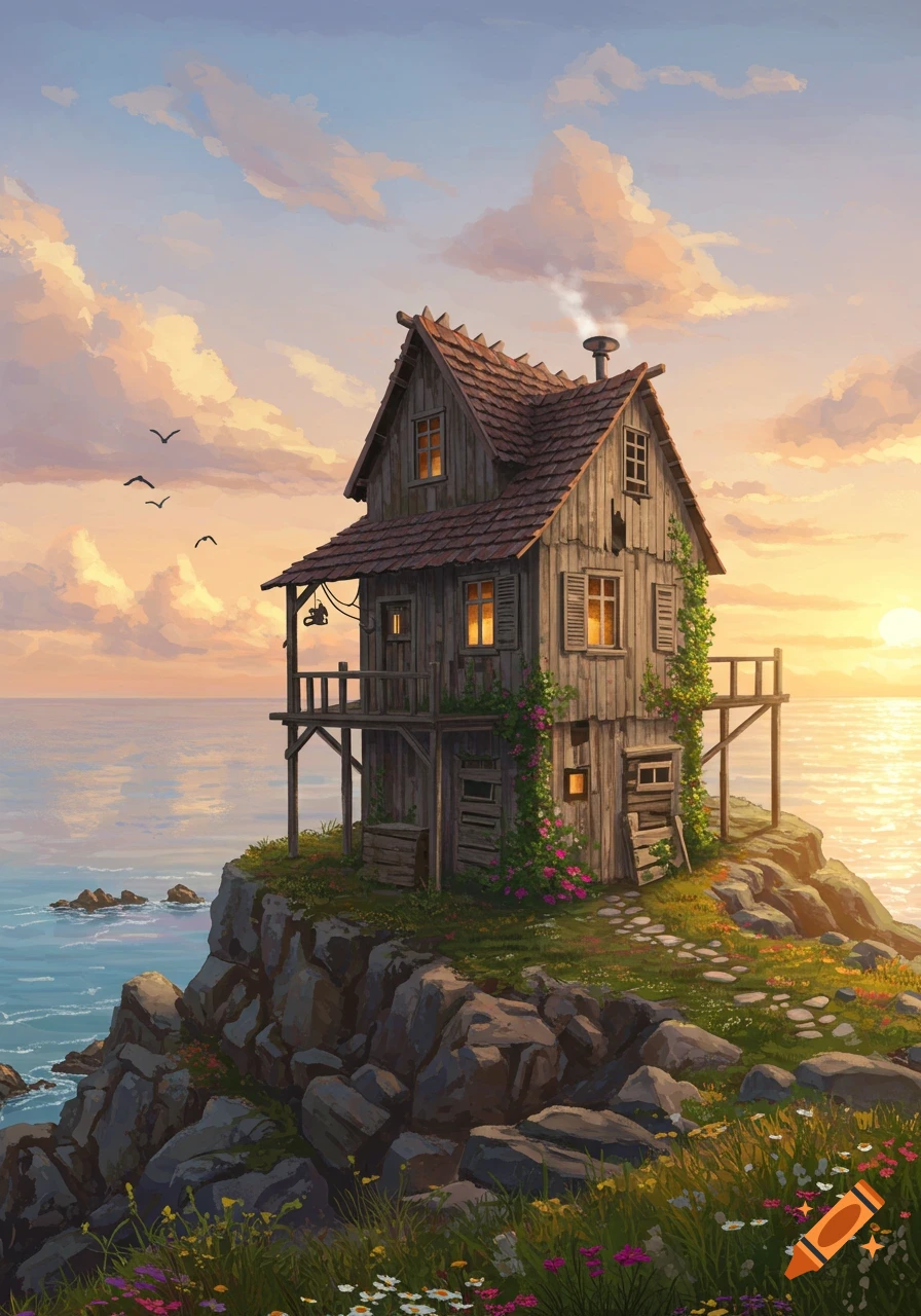 An old wooden cottage on a rocky cliff overlooks the ocean at sunset, with a path and wildflowers in the foreground. Painterly style.