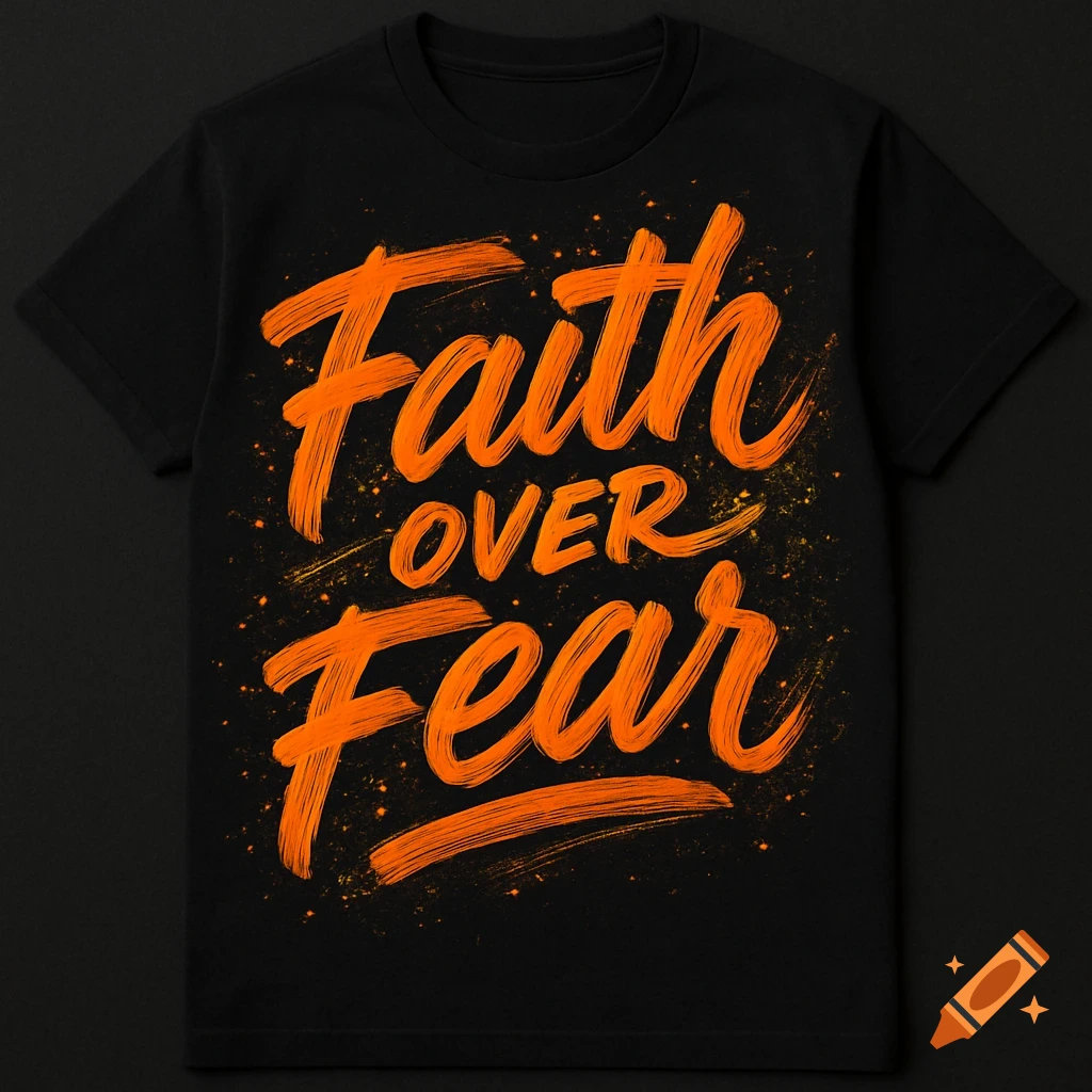 A black t-shirt with the words "Faith OVER Fear" written in bold, orange, paint-brush-style script.