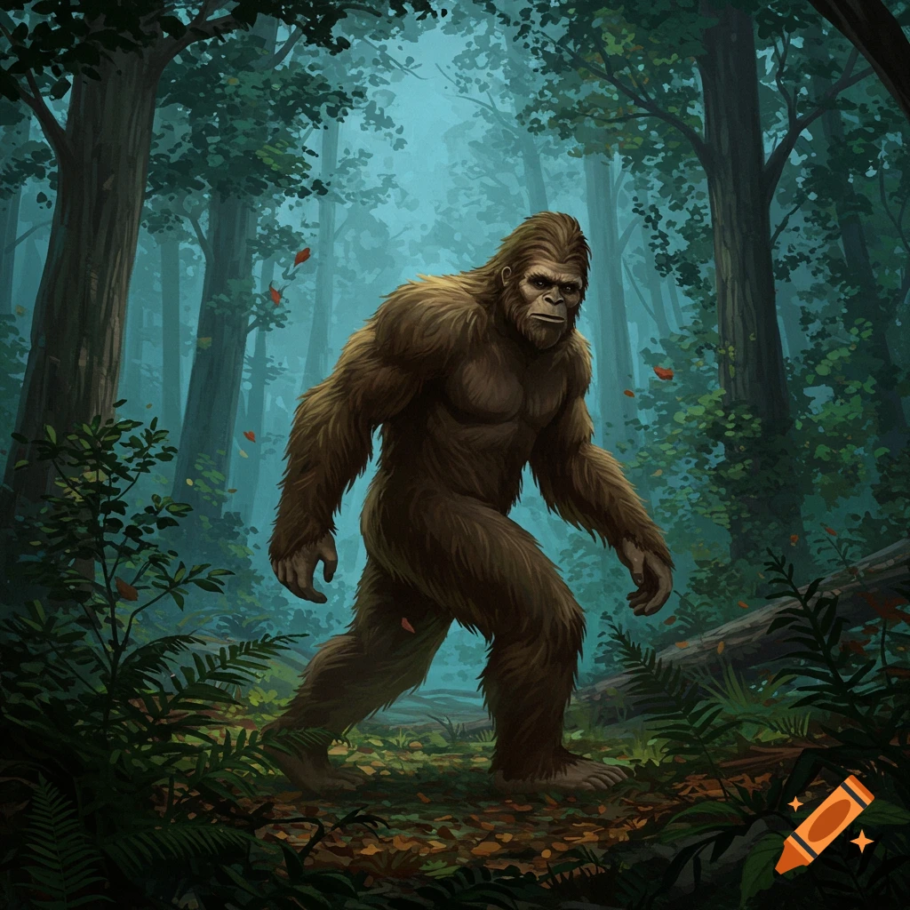 An illustrative image of Bigfoot, a large brown ape-like creature, walking through a dense, misty green forest.