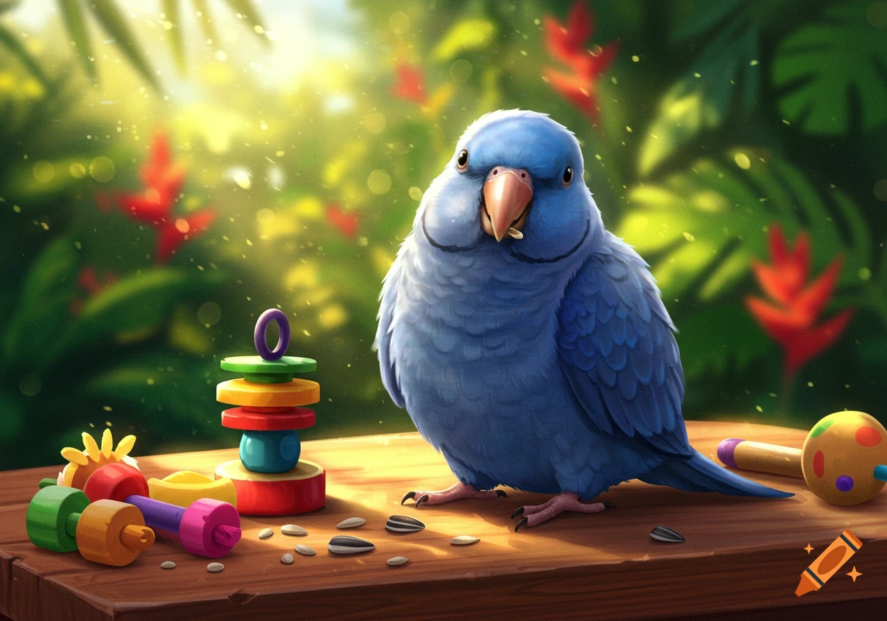 A cute, chubby blue parrot stands on a wooden table surrounded by colorful toys and scattered seeds, with a bright, lush tropical background.