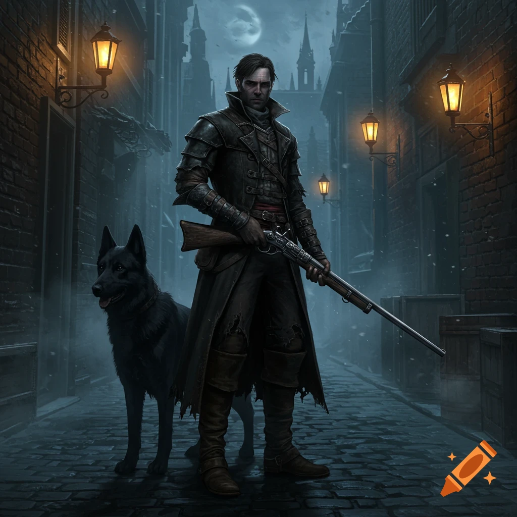 A man in a dark coat with a rifle stands beside a black dog on a foggy, gas-lit street at night. Dark fantasy style.